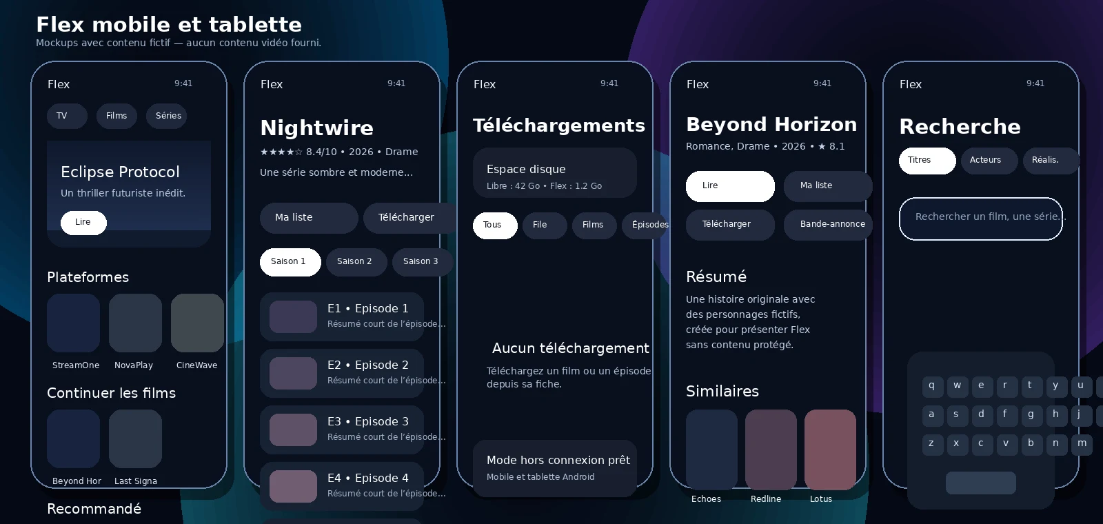 Mockups mobiles Flex avec contenu fictif