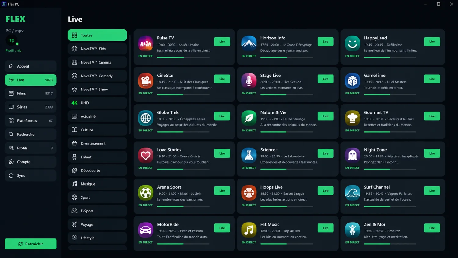 Aperçu Flex PC Windows avec contenu fictif